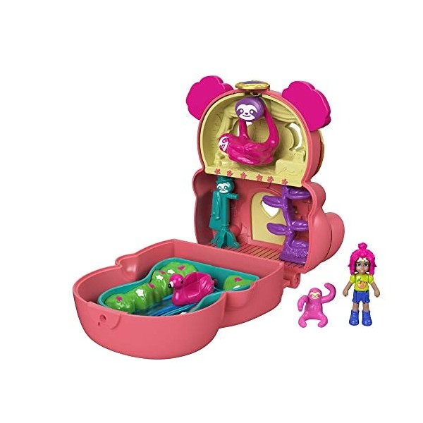 Polly Pocket Coffret Transformable réversible Paresseux des Tropiques avec mini-figurines Polly, paresseux et accessoires, jo