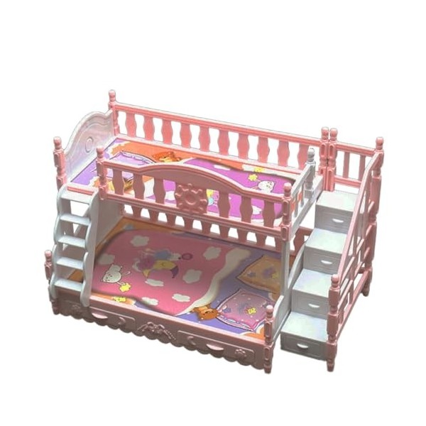 Lit superposé de poupée, Miniature Dollhouse Double Couches Lit avec escaliers, Small Doll House Furniture for Doll House Dec