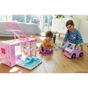 Barbie - Camping-Car de Rêve 3-en-1 - Véhicule avec Piscine, Pick-up 4 Places et Bateau - Transformable - 50 Accessoires - 90