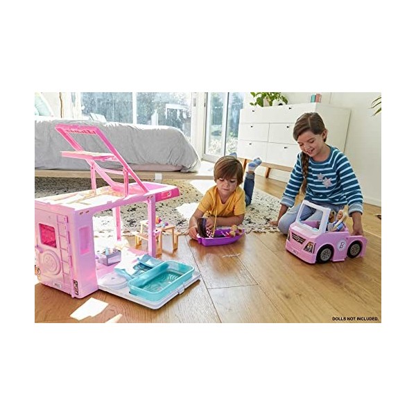 Barbie - Camping-Car de Rêve 3-en-1 - Véhicule avec Piscine, Pick-up 4 Places et Bateau - Transformable - 50 Accessoires - 90