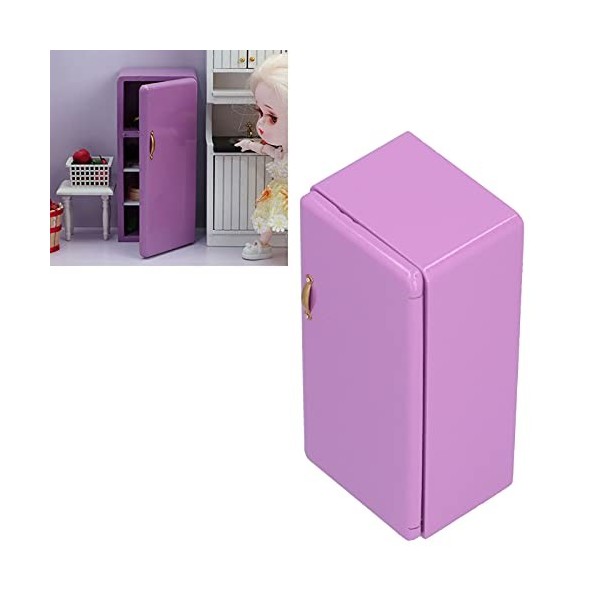 Réfrigérateur de maison de poupée, réfrigérateur de maison de poupée en bois violet décoratif simple et élégant portable comp