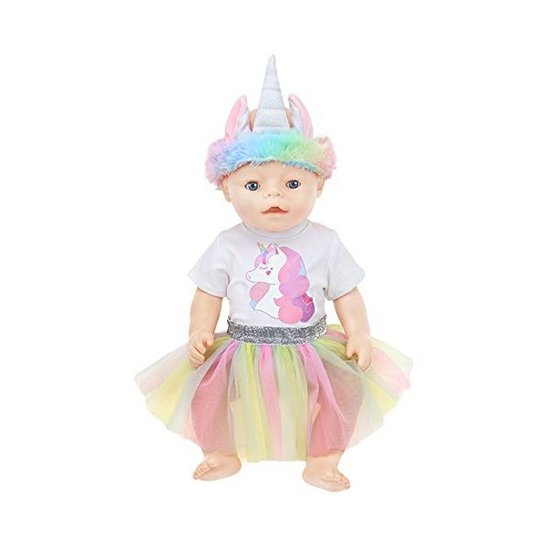 ZWOOS Vêtements de Poupée pour New Born Baby Poupée, Barboteuse Licorne et Jupe et Bandeau pour Poupée 35-45 cm, Lot de 3