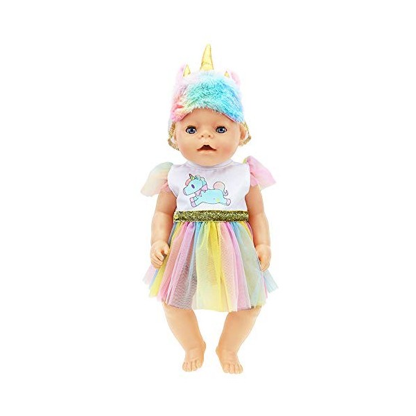 ZWOOS Vêtements de Poupée pour New Born Baby Poupée, Robe Licorne avec Bandeau pour Poupée 35-43 cm