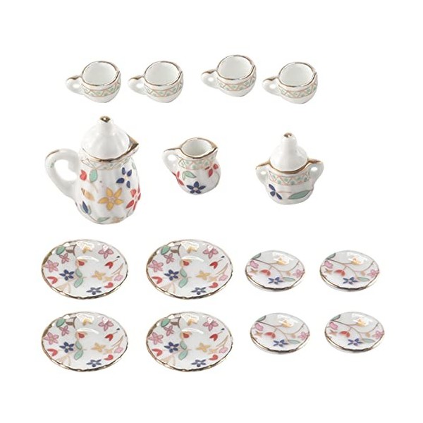 AMIEL 15Pcs Ustensiles de The Miniatures en Porcelaine pour de Poupees - Motifs de Fleurs Colorees