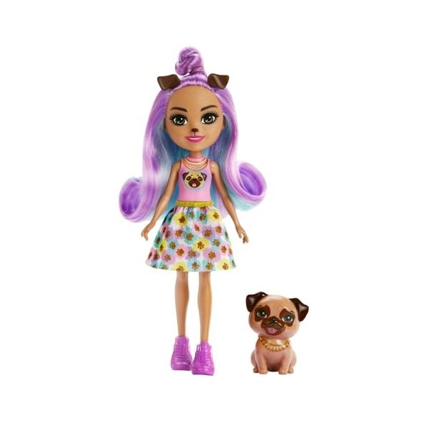 ENCHANTIMALS Bêtes Citadines Poupée Penna Carlin et Figurine Animal Trusty, Petite poupée avec Jupe Amovible et Accessoires, 