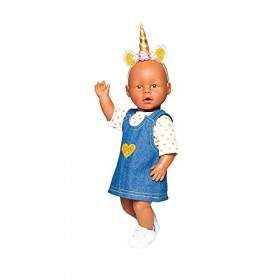 Heless- Heart 2052 – Ensemble de vêtements pour poupées en Or 2 pièces avec Robe à Bretelles en Jean et T-Shirt, Taille 35-45