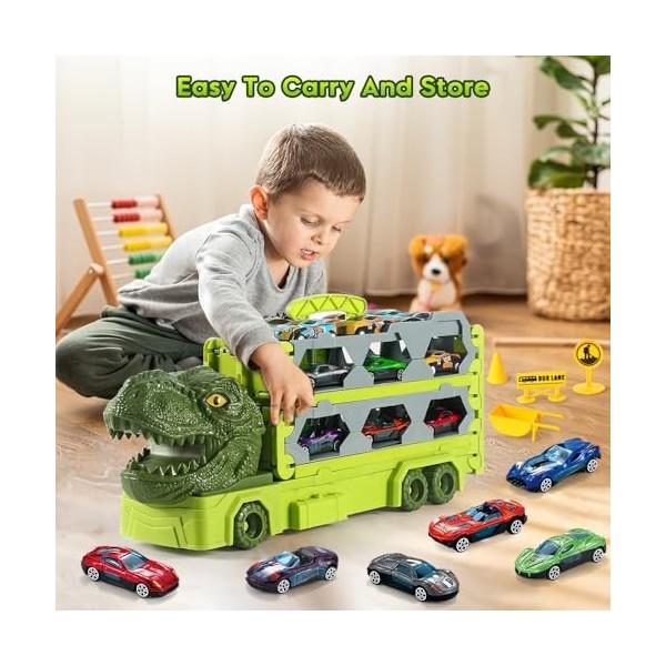 VATOS Jouet de camion dinosaure pour garçons âgés de 3 4 5 6 ans - Circuit de course portable - Jouet de camion avec 6 voitur