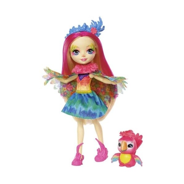 Enchantimals Mini-poupée Peeki Perroquet et Figurine Animale Sheeny, aux cheveux roses fuchsia avec jupe à motifs en tissu, J