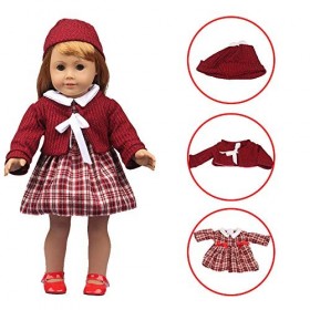 Uteruik Vêtements de Noël pour poupée américaine de 46 cm - Tenue décontractée - Robe à carreaux, manteau, chapeau, accessoir
