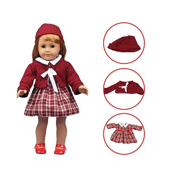 Uteruik Vêtements de Noël pour poupée américaine de 46 cm - Tenue décontractée - Robe à carreaux, manteau, chapeau, accessoir