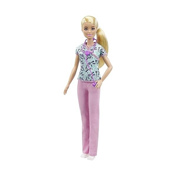 Barbie Métiers poupée Infirmière blonde avec blouse à motifs, pantalon rose, chaussures blanches et stéthoscope, jouet pour e