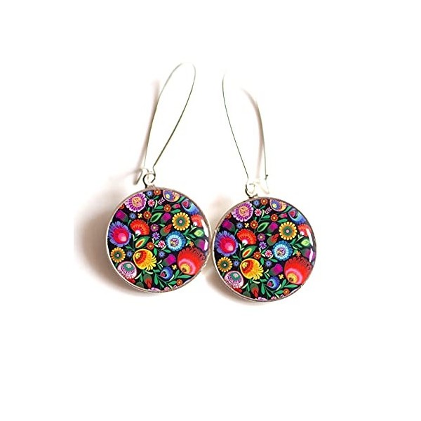 Boucles doreilles cabochon fleurs colorées folklore russe mexicain floral poupée russe matryoshka