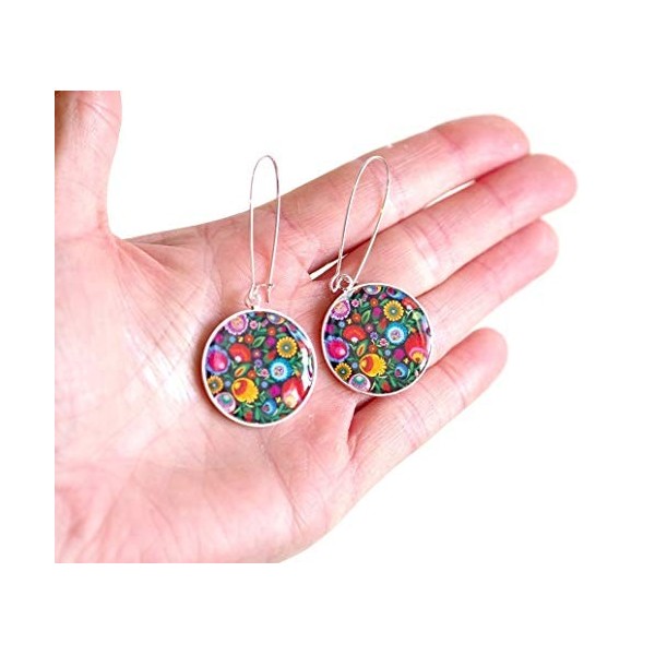 Boucles doreilles cabochon fleurs colorées folklore russe mexicain floral poupée russe matryoshka