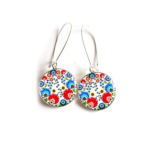 Boucles doreilles cabochon fleurs colorées folklore russe mexicain floral poupée russe matryoshka