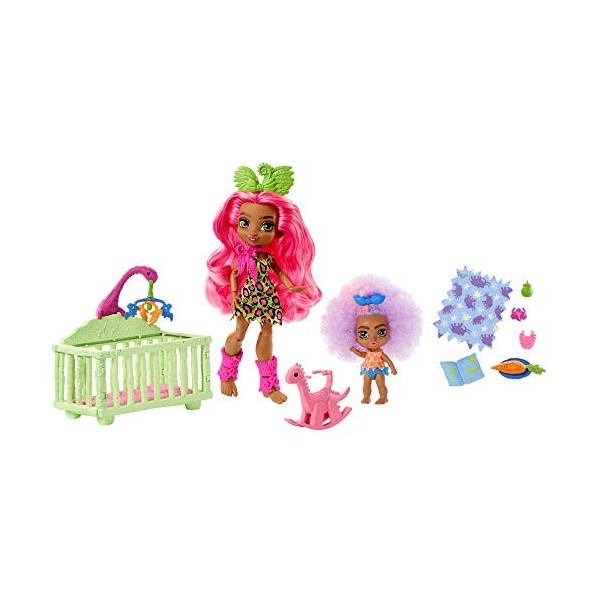 Cave Club Coffret Babysitting avec poupée Fernessa aux Cheveux Roses avec Mini-poupée bébé des cavernes et Accessoires, Jouet