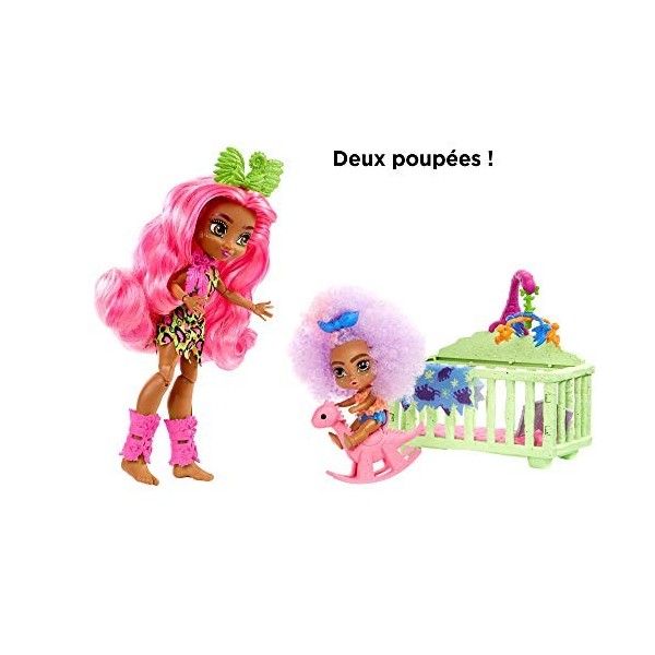 Cave Club Coffret Babysitting avec poupée Fernessa aux Cheveux Roses avec Mini-poupée bébé des cavernes et Accessoires, Jouet