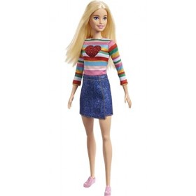 Barbie Poupée Barbie « Malibu » Roberts avec Cheveux Blonds, T-Shirt Arc-en-ciel, Jupe en Jean et Chaussures, Jouet Enfant, D
