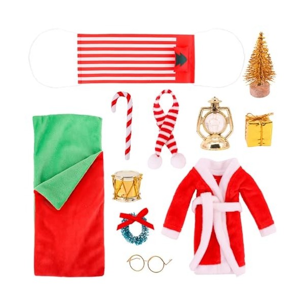 Accessoires de poupée Elfe de Noël Ensemble Accessoires Elfes 11pcs Kit Mignon Mini-Elfe de Noël avec Sac de Couchage, Peigno