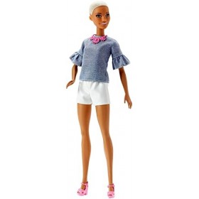 Barbie Fashionistas poupée mannequin 82 aux cheveux courts, top en jean, collier rose et short blanc, jouet pour enfant, FNJ