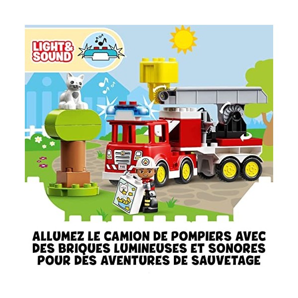 LEGO 10969 Duplo Town Le Camion de Pompiers, Jouet de Construction, avec Lumières et Sirène, Figurine Chat, Centre de Secours