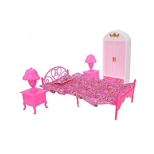 Dilwe Meubles de Chambre à Coucher de Maison de Poupée, 4 Pièces Mini Lit Lampe de Bureau Garde-Robe Meubles Jouet Accessoire