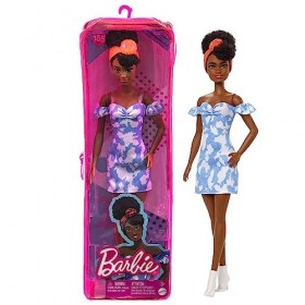 Barbie Poupée Fashionistas n° 185, Cheveux Noirs en Chignon, Robe En Jean sans Manches, Bandana Orange, Bottines Blanches, Jo