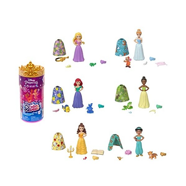 Princesses Disney Poupée Mystère Royauté Color Reveal, 6 Surprises à découvrir Dont Personnage ami et 4 Accessoires, à Collec
