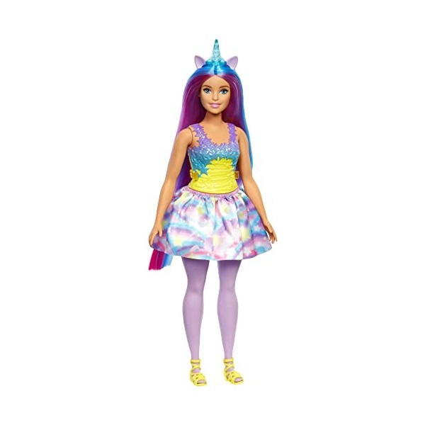 Barbie Poupée Licorne Dreamtopia Ronde, Cheveux Bleus et Violets avec Jupe, avec Queue et Serre-Tête de Licorne Amovibles, 