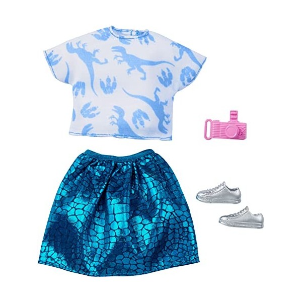 Barbie Jurassic World GRD48 Fashion Look Pack, Jupe Turquoise Brillante avec Chemise, Chaussures, Chaussures pour Appareil Ph