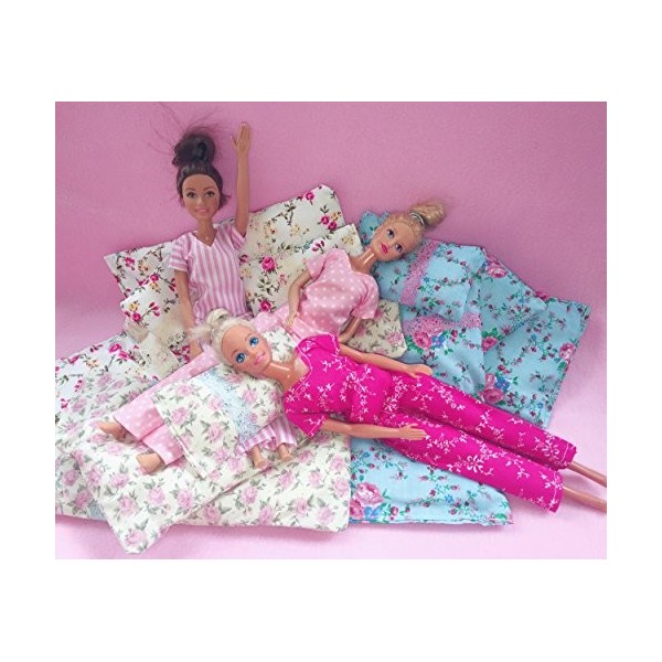 Bedtime Pyjama Set with Duvet and Pillow for Barbie and Sindy Sized Dolls Handmade 