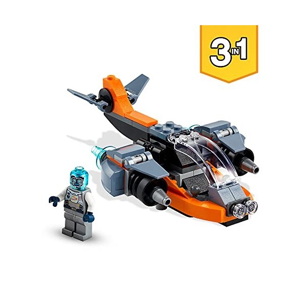 LEGO 31111 Creator 3-en-1 Le Cyber Drone, Jeu de Construction avec Moto, Figurine de Robot, Jouet sur lespace, pour Garçons 