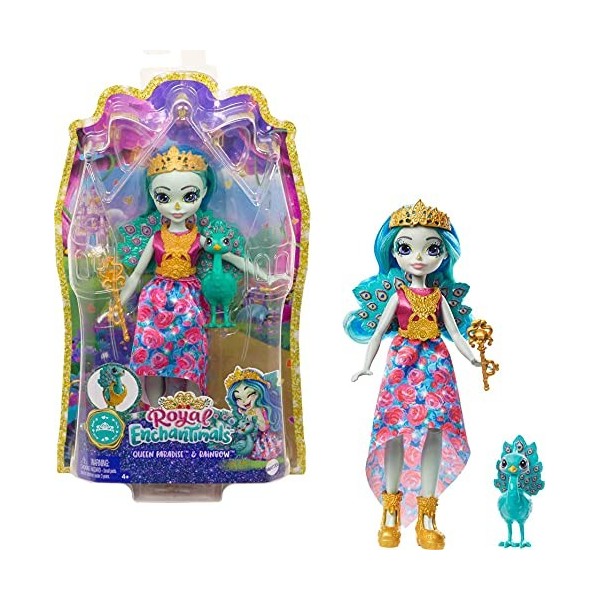 Enchantimals Royals mini-poupée Reine Paradise, figurine animale Paon Rainbow et accessoires, jouet pour enfant, GYJ14