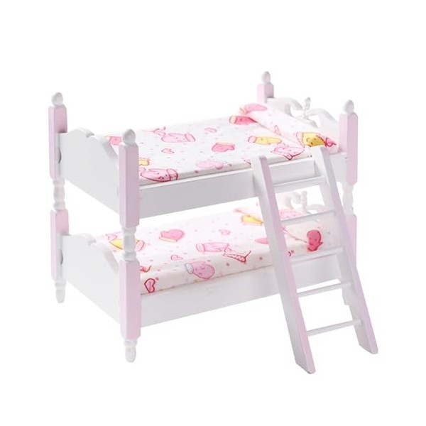 Wedhapy Lit Superposé De Poupée 1:12 échelle Lit De Maison De Poupée en Bois avec échelle Et Literie Florale Bricolage Lit De