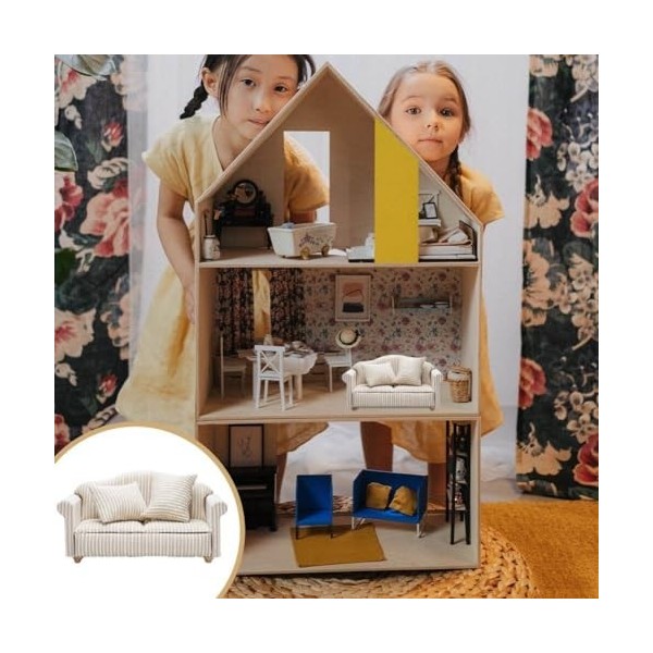 Fituenly 1: 12 Poupées Canapé, Dollhouse Miniature Furniture Wooden Doll House Mini Canapé avec 2pcs Pillow, Dollhouse Living