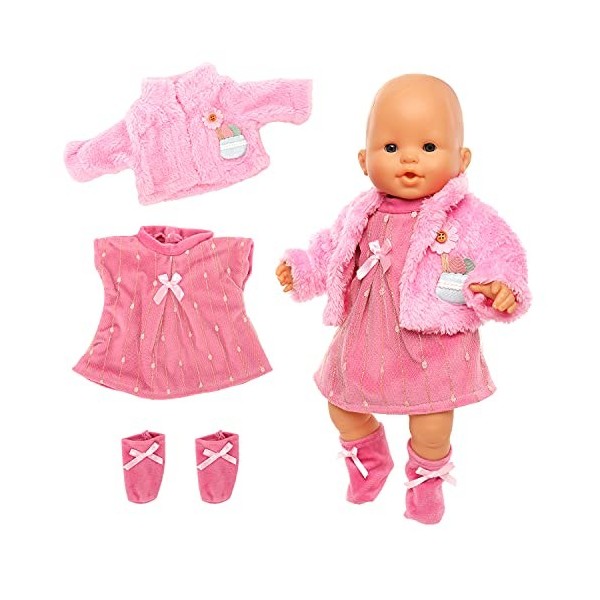 Festfun 3 Pièces Vêtement de Poupée 36cm Robe Rose avec Un Manteau Chaussettes de Poupée Habit Tenue Poupée Poupon 36-43cm Po