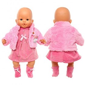 Festfun 3 Pièces Vêtement de Poupée 36cm Robe Rose avec Un Manteau Chaussettes de Poupée Habit Tenue Poupée Poupon 36-43cm Po