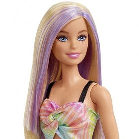 Barbie Poupée Fashionistas n° 190, Blonde à Mèches Violettes, avec Robe-Combinaison, Baskets Compensées Jaunes et Bracelet, J