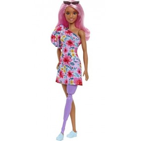 Barbie Poupée Fashionistas n° 189, Cheveux Roses, Robe Fleurie, Lunettes de Soleil, Prothèse de Jambe, Baskets, Jouet Enfant,