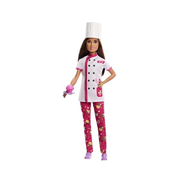 Barbie Métiers Poupée Cheffe Pâtissière Et Accessoires En Tenue Complète Avec Blouse, Toque De Chef Toque Et Part De Gâteau, 
