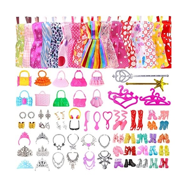 Lot de 96 vêtements de poupée et Accessoires Compatible avec poupée Barbie 16 Robes 10 Sacs à Main 20 Paires de Chaussures 30