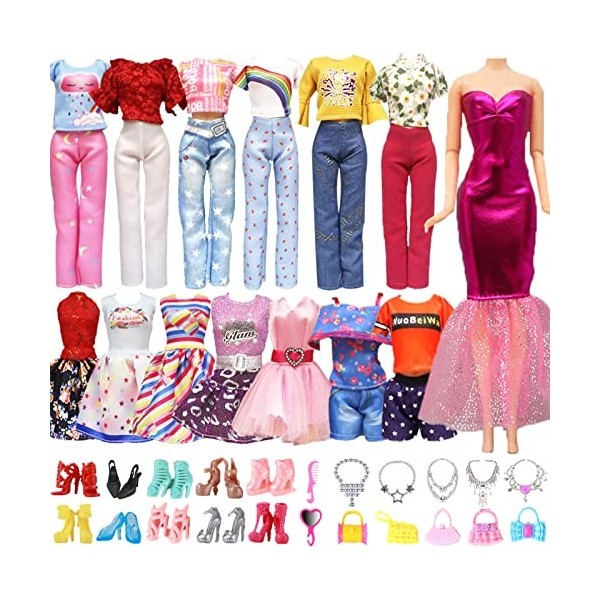 Lot de 28 vêtements et Accessoires Compatible avec Barbie poupée Main y Compris 3 Robes de Mode 3 Hauts 3 Pantalons 10 Paires