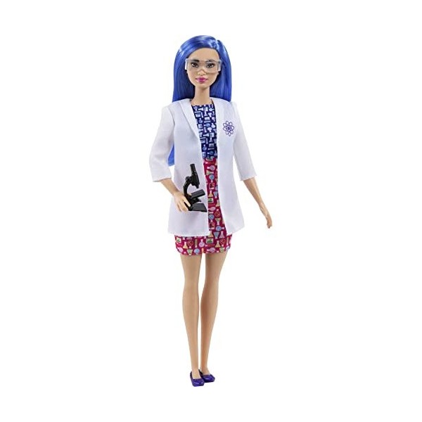 Barbie Métiers poupée Scientifique aux cheveux bleus, avec robe colorée, blouse de laboratoire, chaussures, accessoire micros