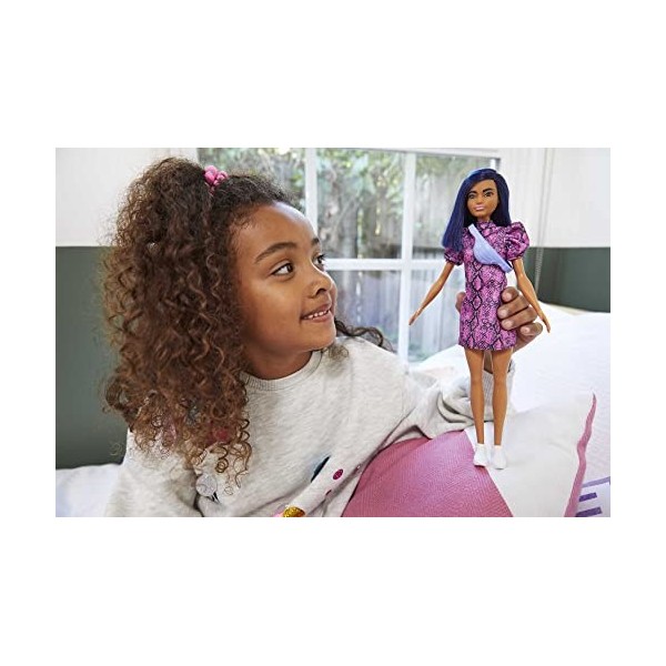 Barbie Fashionistas poupée mannequin 143 aux cheveux bleus avec une robe rose et noire, jouet pour enfant, GXY99