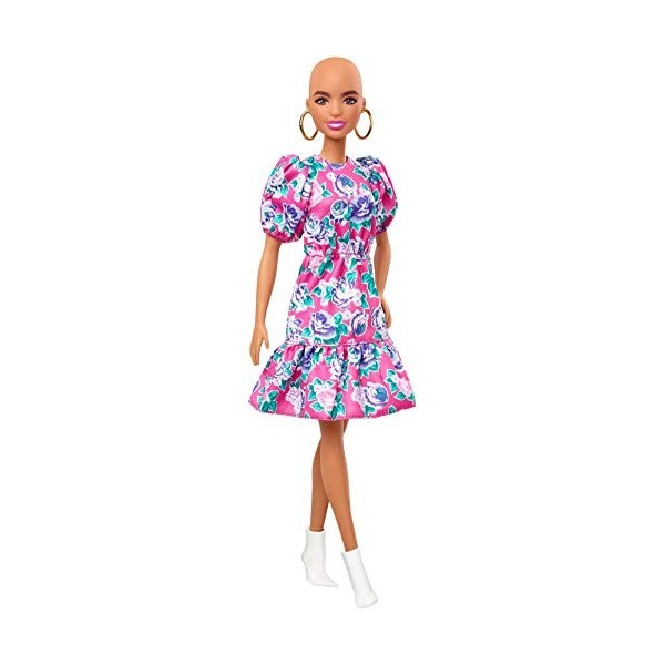 Barbie Fashionistas poupée mannequin 150 chauve avec une robe à fleurs, jouet pour enfant, GHW64