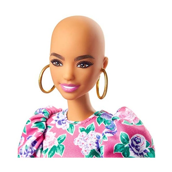 Barbie Fashionistas poupée mannequin 150 chauve avec une robe à fleurs, jouet pour enfant, GHW64