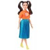 Barbie Fashionistas poupée mannequin 145 avec longues couettes, un tee-shirt orange et une jupe brillante, jouet pour enfant