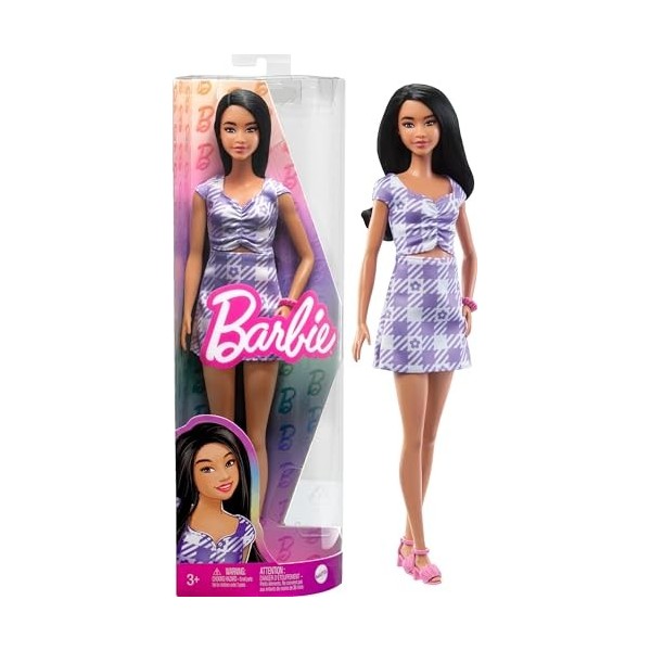 Barbie Fashionistas, Cheveux Noirs Ondulés Et Longs, Robe À Découpes Vichy, Vêtements Et Accessoires, Jouet Enfant, Dès 3 Ans