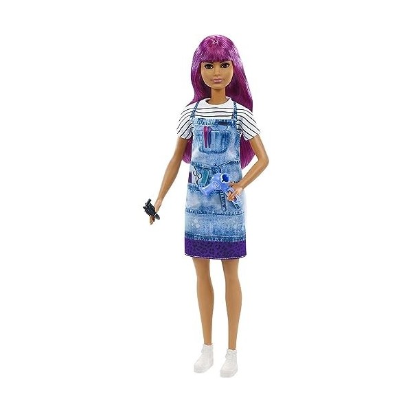 Barbie Métiers poupée Coiffeuse aux cheveux violets, tablier tie & dye, t-shirt rayé, sèche-cheveux et peigne, jouet pour enf
