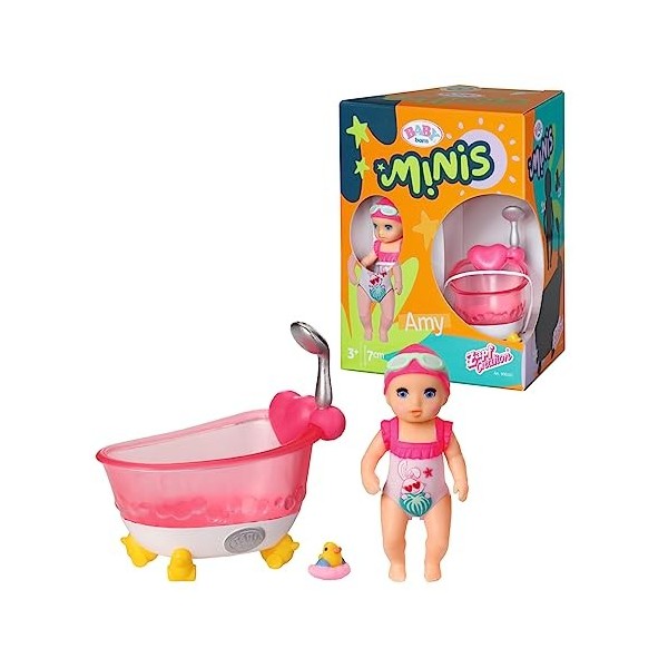 BABY born Minis Set avec baignoire & Amy 906101 - Poupée de 6,5 cm avec accessoires exclusifs et 1 corps mobile pour un jeu r