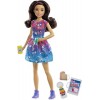 Barbie Famille Poupée Skipper Baby-sitter Brune avec Un Serre-tête Rose, Robe et 5 Accessoires Dont Téléphone et Biberon, Jou